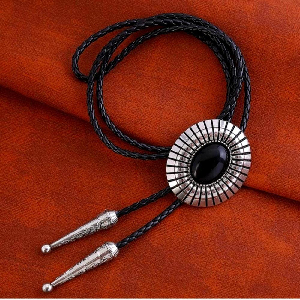 Beautiful black and silver leather bolo tie